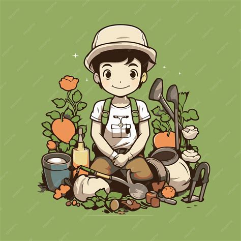 Une illustration d'époque représentant un jardinier travaillant avec des outils manuels en fer forgé dans un potager traditionnel.