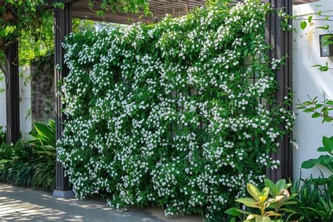 Illustration d'un mur habillé par un jasmin étoilé en pleine floraison