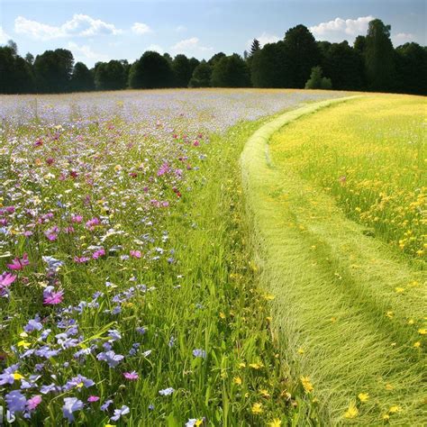 Photo d'un jardin avec des zones de pelouse différenciées : zones tondues courtes et prairies fleuries hautes