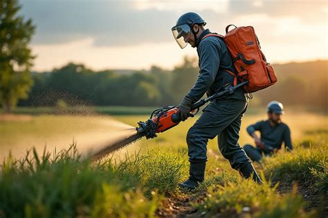 Utilisateur manipulant une débroussailleuse à dos sur un terrain difficile