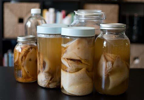une bouteille de kombucha artisanal posée sur une table en bois avec des fleurs d'hibiscus et des baies séchées à côté