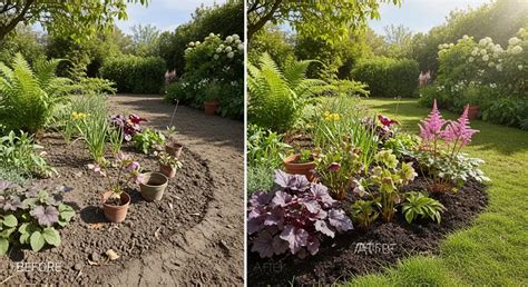 Illustration d'un jardin avant et après la plantation d'arbres à croissance rapide