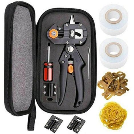 Assortiment d'outils de greffage : sécateur, greffoir, mastic, ruban de greffage