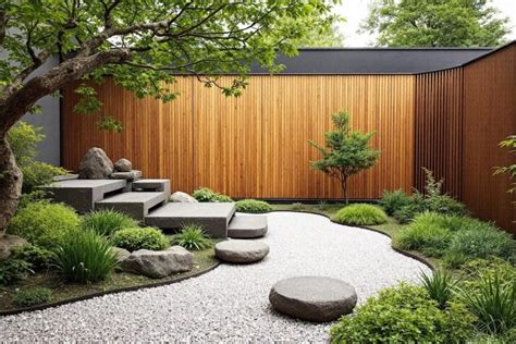 Un jardin zen avec des pierres, du sable ratissé et quelques plantes structurées, illustrant la philosophie du silence