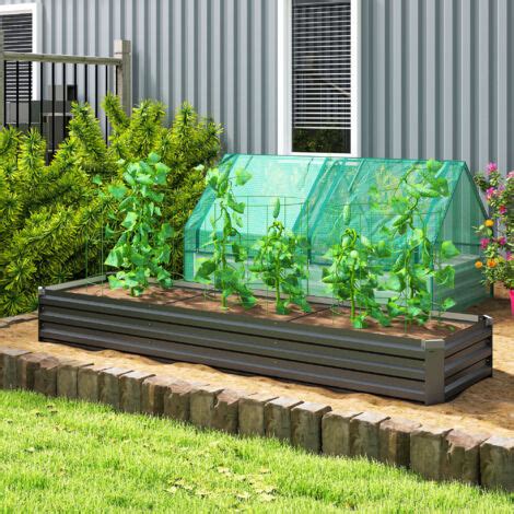 Grand potager surélevé rectangulaire en bois et métal galvanisé ondulé
