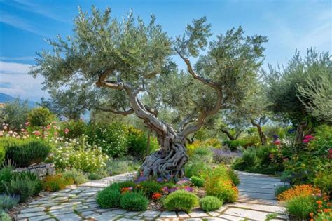 Un olivier majestueux dans un jardin ensoleillé