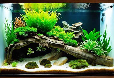 Illustration d'un aquarium d'eau douce avec un décor de type bonsaï