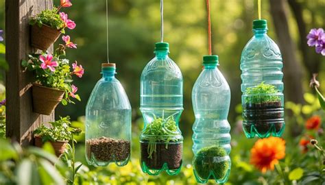 Composition photographique montrant une variété de créations en bouteilles plastiques installées dans un jardin potager