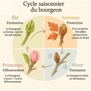 Tableau récapitulatif des types de bourgeons (bois vs fleur) et leur aspect visuel selon les espèces fruitières