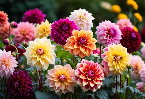 Variétés de dahlias aux formes et couleurs variées dans un jardin ensoleillé