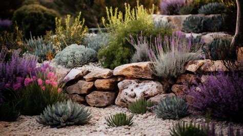 Paysage de jardin sec méditerranéen avec des plantes résistantes à la sécheresse