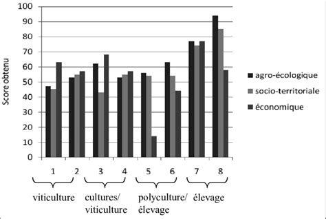 Graphique comparatif des scores obtenus sur les trois échelles IDEA (Agro-écologique, Socio-territoriale, Économique)