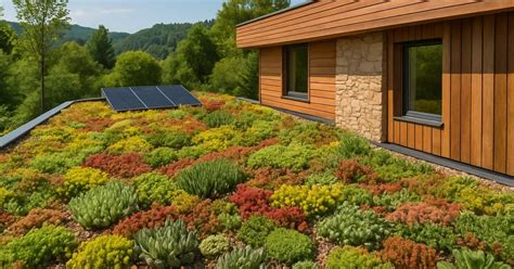 Toit végétalisé composé de diverses espèces de Sedum en pleine floraison