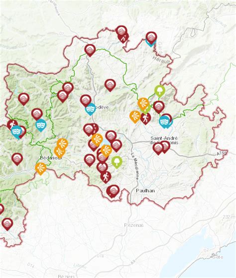 Carte simplifiée des accès aux secteurs principaux des Gorges d'Héric