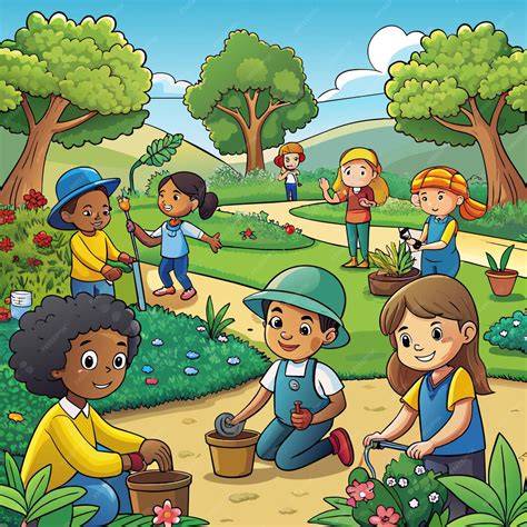 Dessin d'enfants dans un jardin avec des fleurs et des outils de jardinage