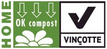 Infographie montrant les logos de certification (OK Compost, OK Compost HOME, labels biosourcés)