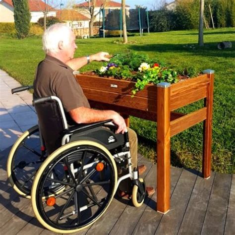 Personne en fauteuil roulant jardine dans une jardinière surélevée