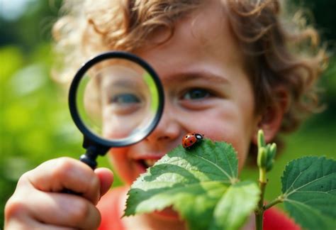 Photographie d'un enfant observant attentivement un insecte sur une fleur