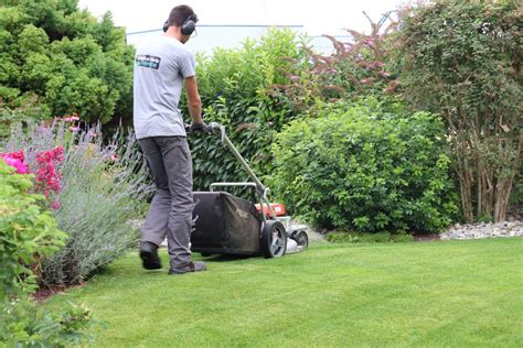 personne tondant la pelouse dans un jardin