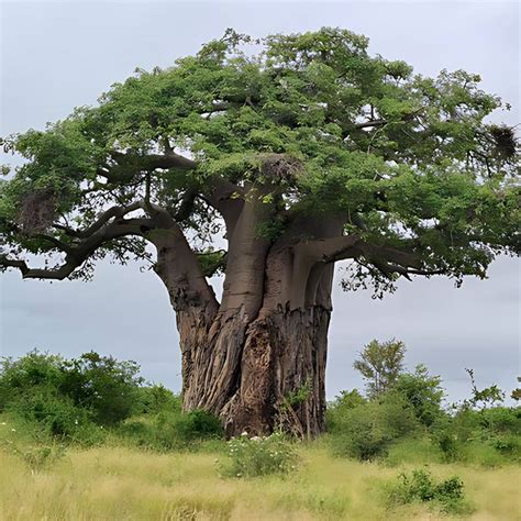 Illustration botanique du Baobab africain montrant les détails des feuilles digitées et du fruit