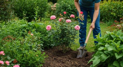 Application de compost au pied d'un rosier