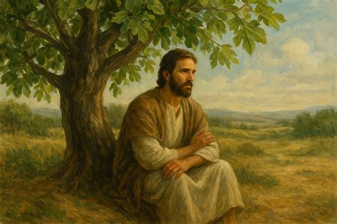 Représentation artistique d'un disciple méditant sous un figuier