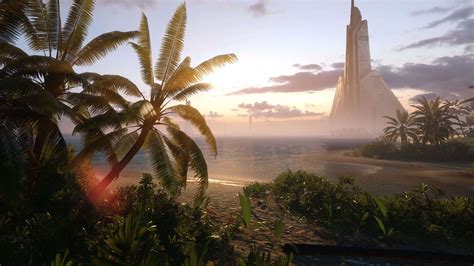 Vue panoramique de la plage tropicale de Scarif dans Star Wars Battlefront II