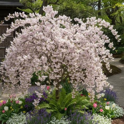 Cerisier du Japon nain en pot sur une terrasse fleurie