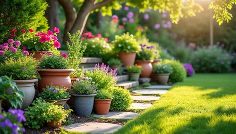 Photo d'un jardin urbain aménagé avec des pots de différentes tailles et matériaux, illustrant un équilibre visuel