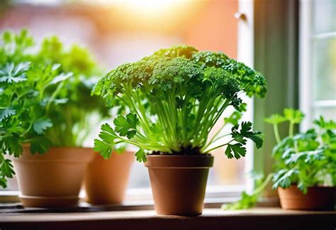 Plan de travail avec des graines de persil, un pot en terre cuite et du terreau