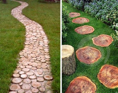 une allée de jardin bordée de rondins en bois naturel