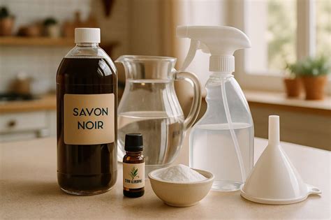Infographie montrant la préparation d'une solution à base de savon noir pour le traitement des plantes.
