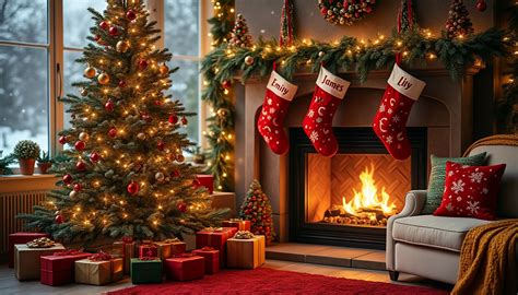 Illustration d'une façade de maison décorée avec un Père Noël sur échelle lumineuse dans un décor hivernal