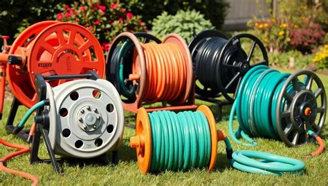 Schéma illustrant les différents types d'enrouleurs de tuyau d'arrosage dans un jardin