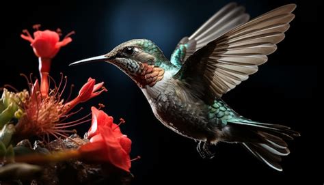 Colibri en vol stationnaire près d'une fleur