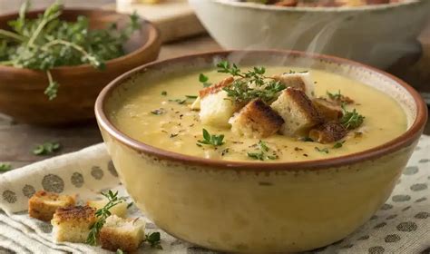Illustration d'un potage Parmentier fumant dans un bol, avec des croûtons et du cerfeuil