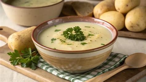 Assortiment d'ingrédients pour le potage Parmentier : pommes de terre, poireaux, crème, beurre, bouillon, herbes