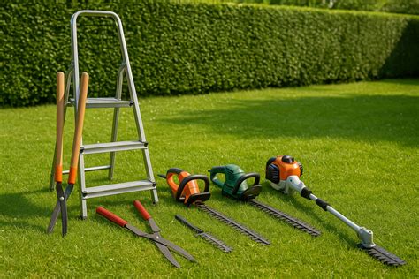 Vue d'ensemble d'un jardin bien entretenu avec outils multifonctions
