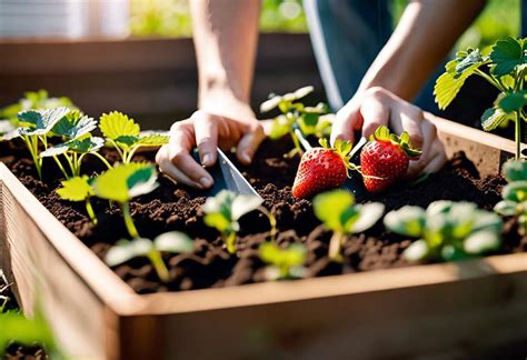Illustration d'un potager avec des rangées de fraisiers en fleurs et en fruits