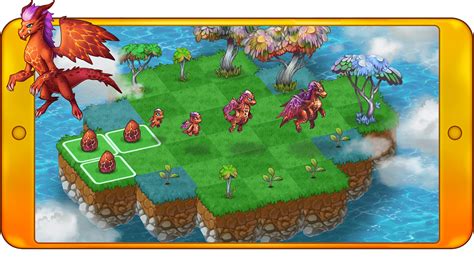 Illustration stylisée d'un jardin luxuriant dans Merge Dragons avec divers arbres fruitiers et dragons