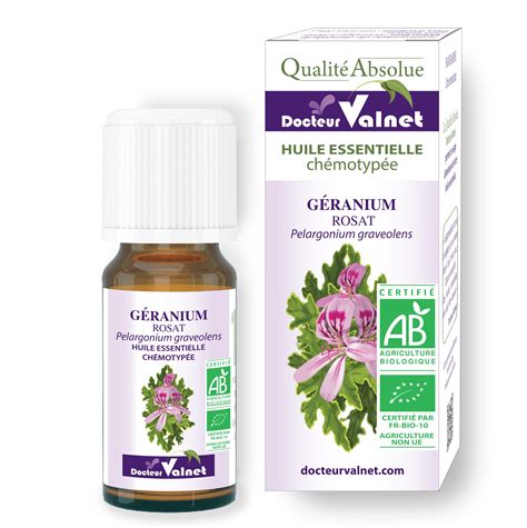 Flacon d'huile essentielle de Géranium Rosat avec étiquette BIO