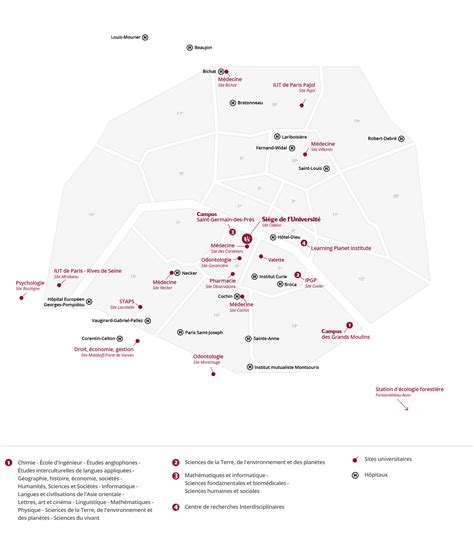 Carte schématique des campus de l'Université Paris Cité avec les points de service des bibliothèques