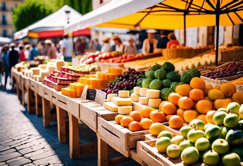 Un marché maraîcher coloré dans une ville, où les étals sont organisés comme des stands d'exposition artistique