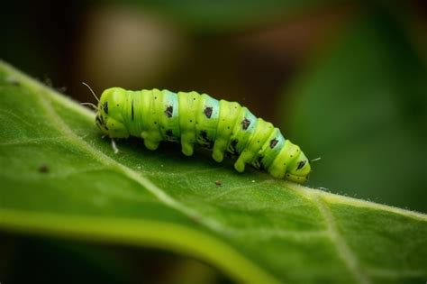 Chenille verte à points noirs sur feuille de noisetier