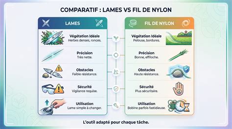Comparatif visuel des têtes de coupe : fil nylon vs lame métallique