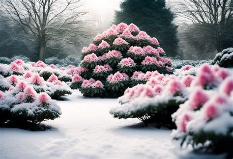 Rhododendron en hiver sous un léger voile de neige