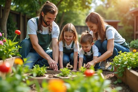 Famille profitant d'un jardin verdoyant