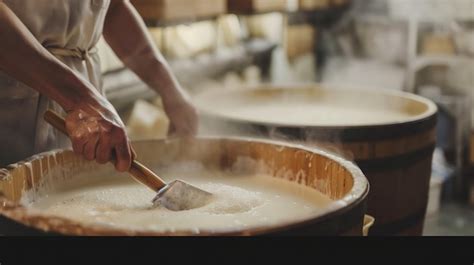 Artisan fromager travaillant le caillé dans une cuve en cuivre traditionnelle