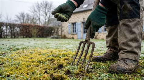 jardin au sortir de l'hiver montrant une pelouse jaunie