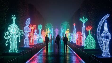 un jardin décoré avec des lumières et des plantes en pots